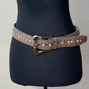 Guess Rhinestone Studded Belt Brown/Tan L-XL 42" Y2K Bling Silvertone